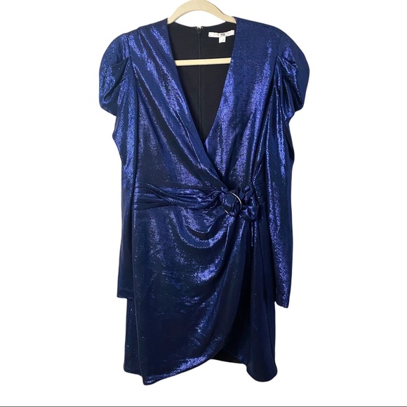 Jonathan Simkhai Metallic Blue Wrap Puff Sleeve Dress (M) - Picture 4 of 11